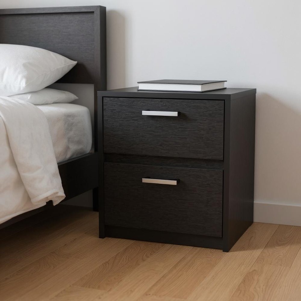 Black Wood Two Drawer Nightstand - 19-inch