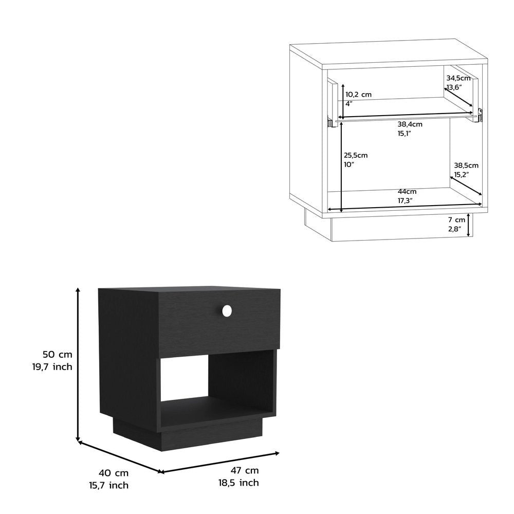 Black Wood One Drawer Nightstand - 20-inch
