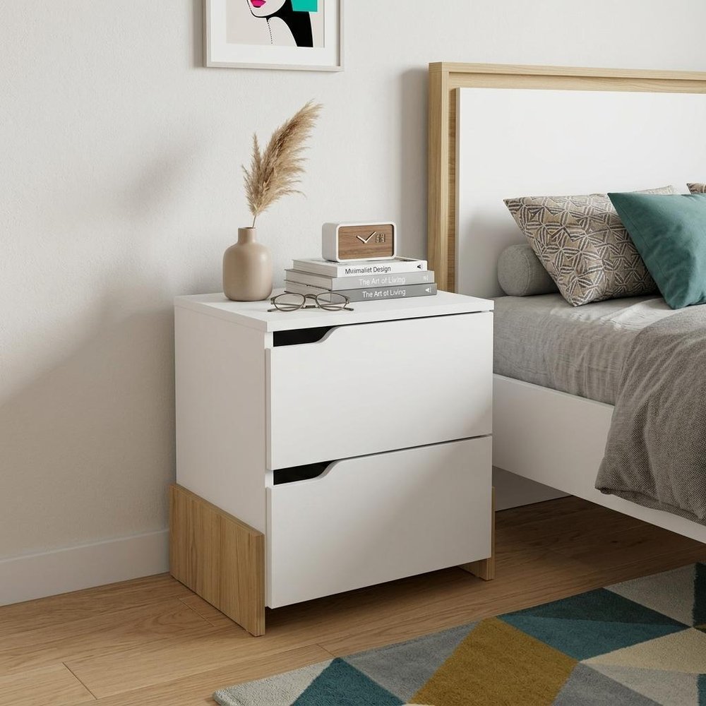 White and Natural Wood Two Drawer Nightstand - 20-inch