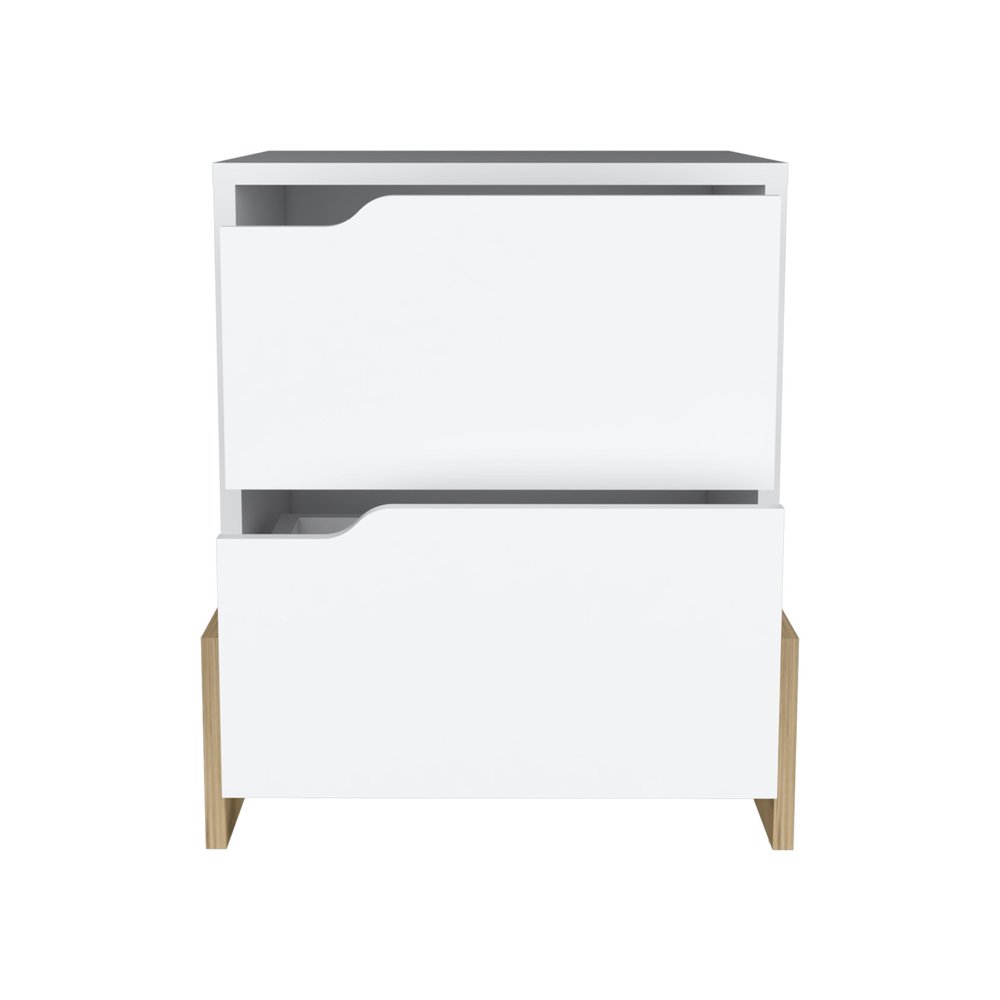 White and Natural Wood Two Drawer Nightstand - 20-inch