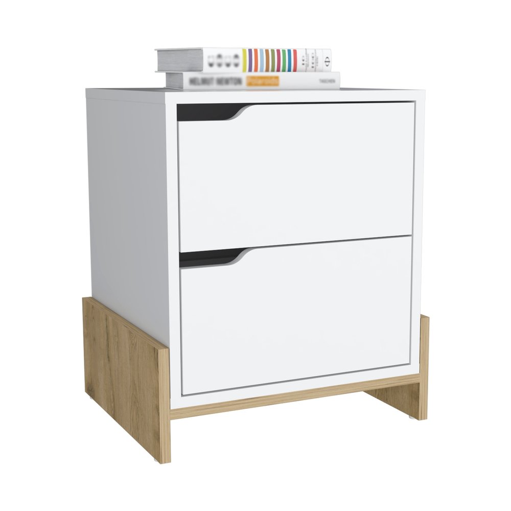 White and Natural Wood Two Drawer Nightstand - 20-inch