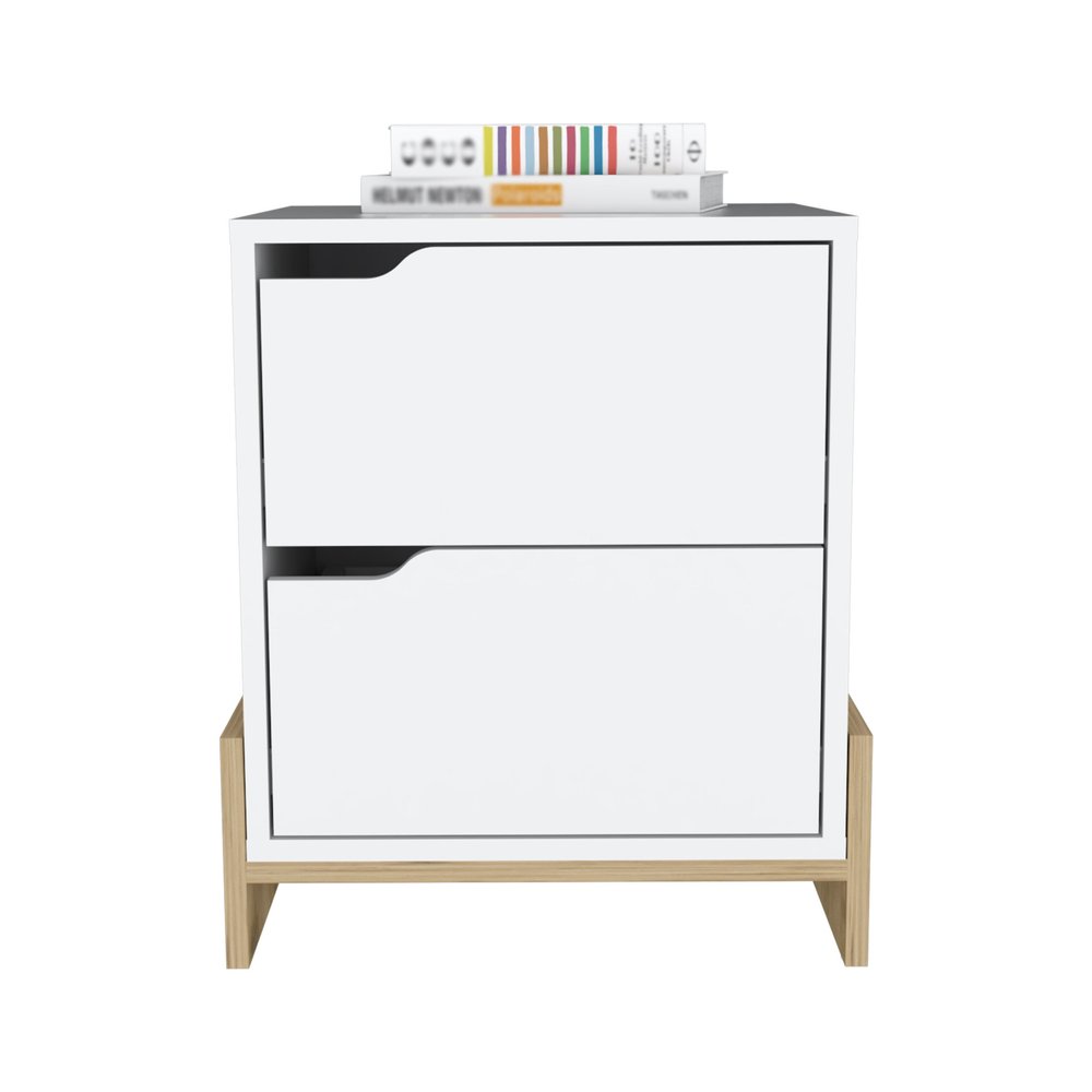 White and Natural Wood Two Drawer Nightstand - 20-inch