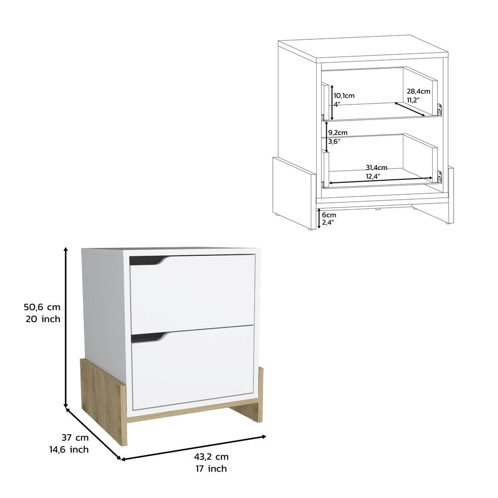 White and Natural Wood Two Drawer Nightstand - 20-inch
