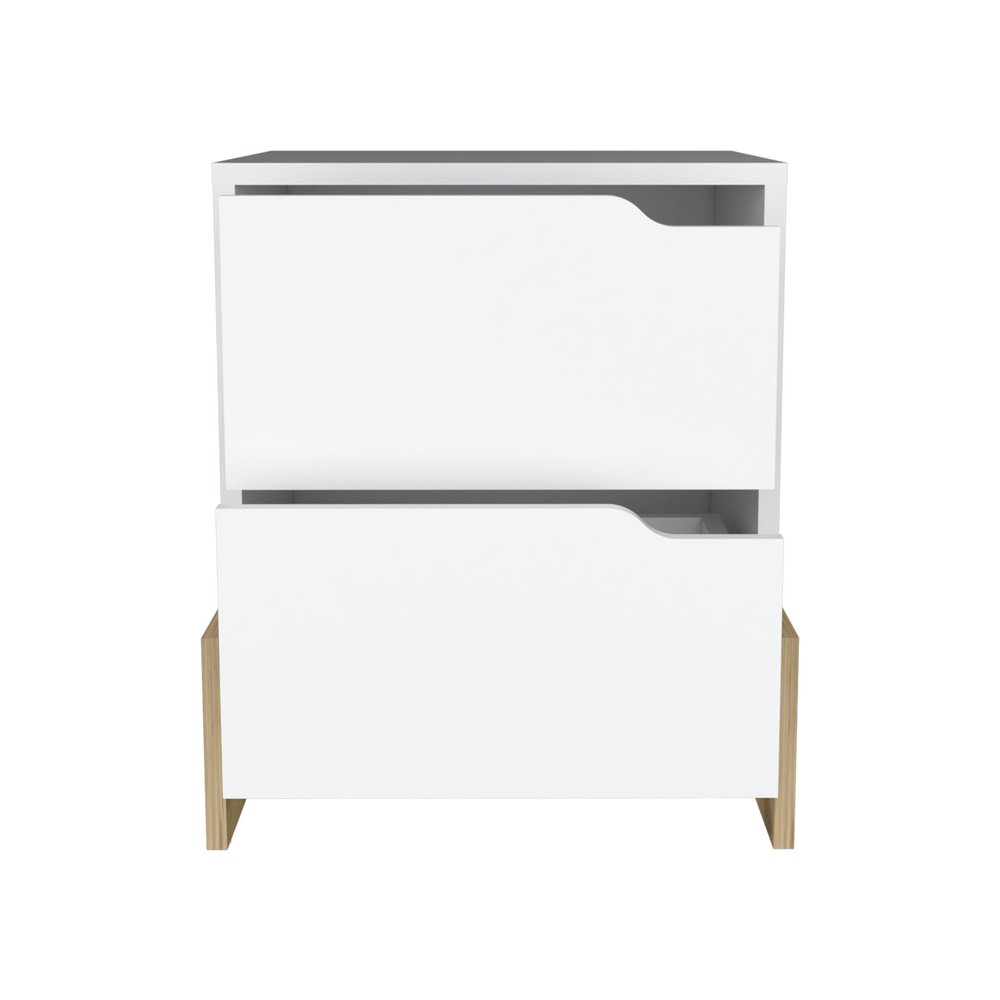 White and Natural Wood Two Drawer Nightstand - 20-inch