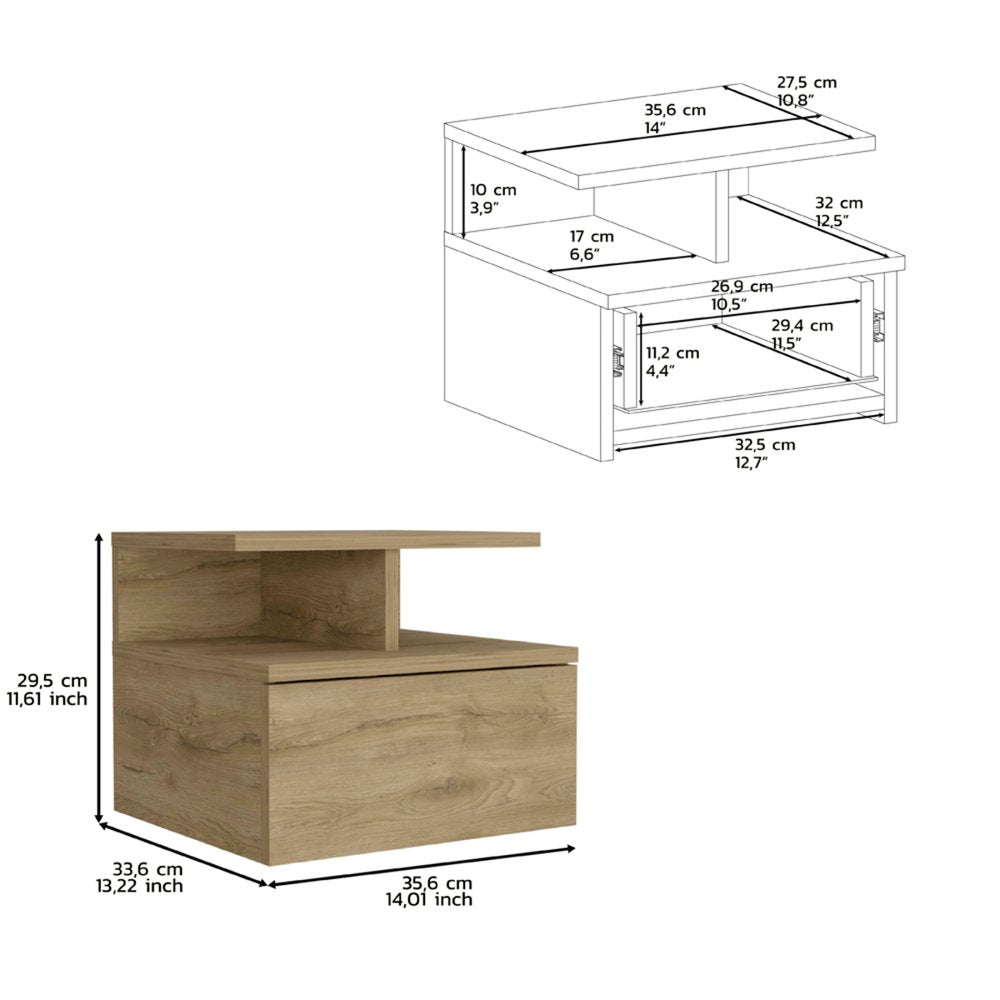 Beige Wood One Drawer Floating Nightstand - 12-inch