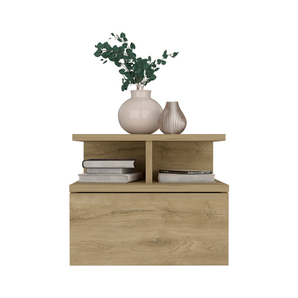 Beige Wood One Drawer Floating Nightstand - 12-inch