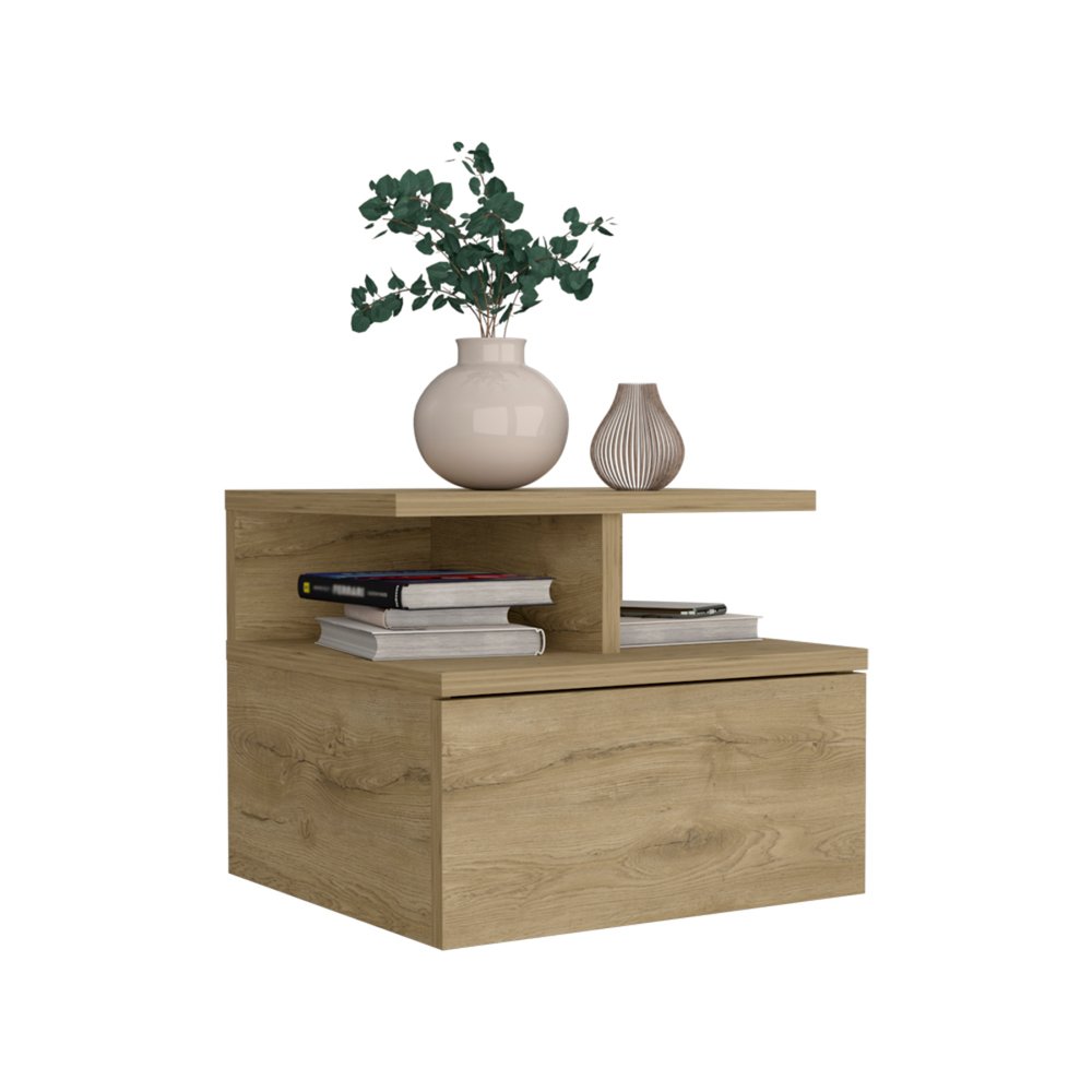 Beige Wood One Drawer Floating Nightstand - 12-inch