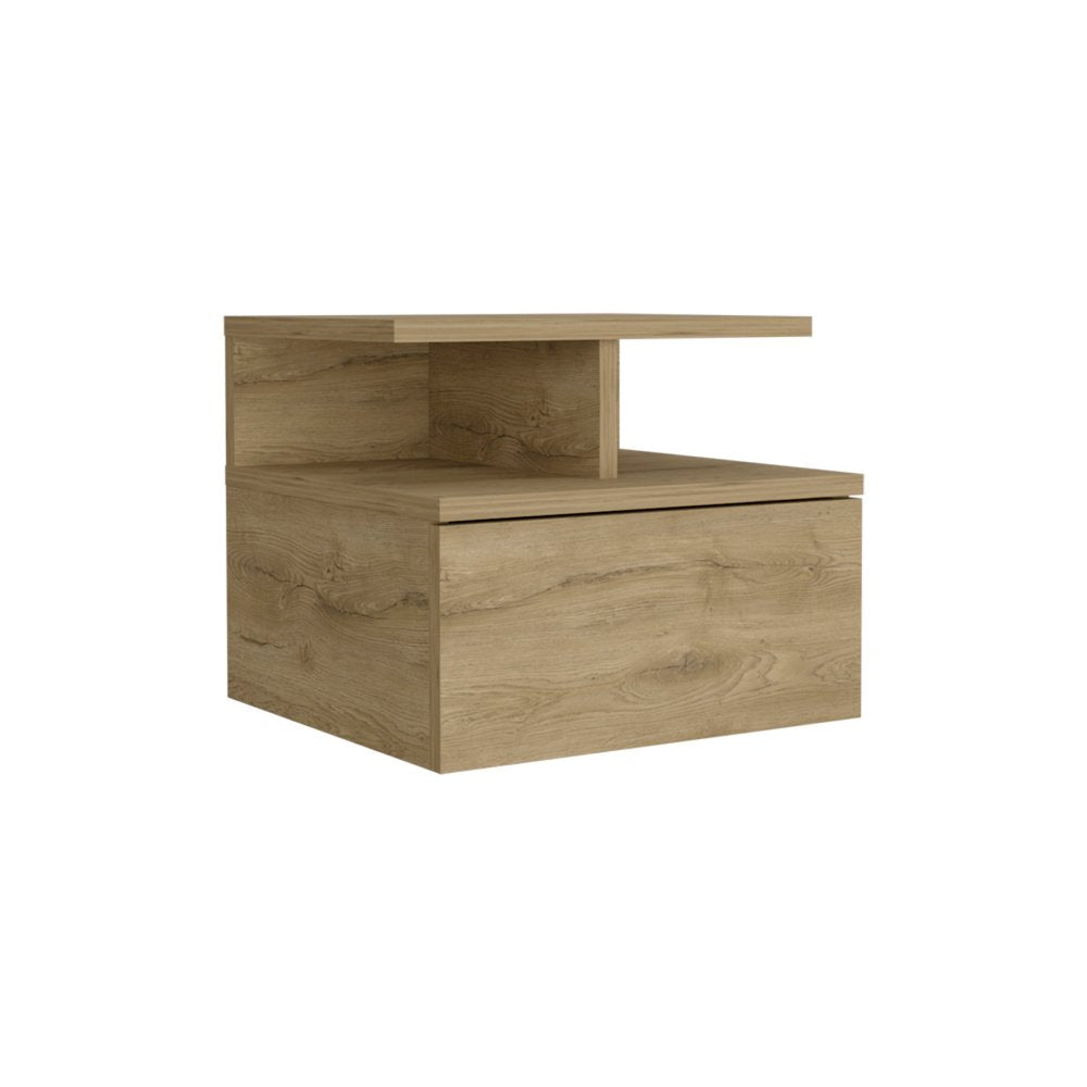 Beige Wood One Drawer Floating Nightstand - 12-inch