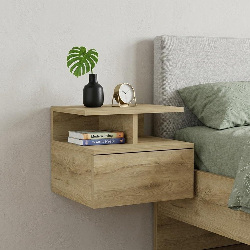 Beige Wood One Drawer Floating Nightstand - 12-inch