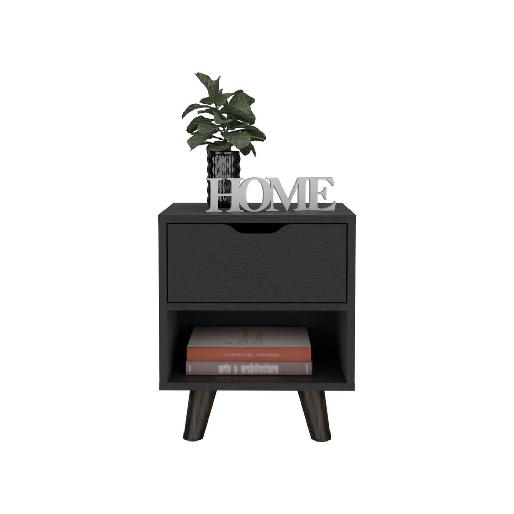 Black Wood One Drawer Nightstand - 19-inch