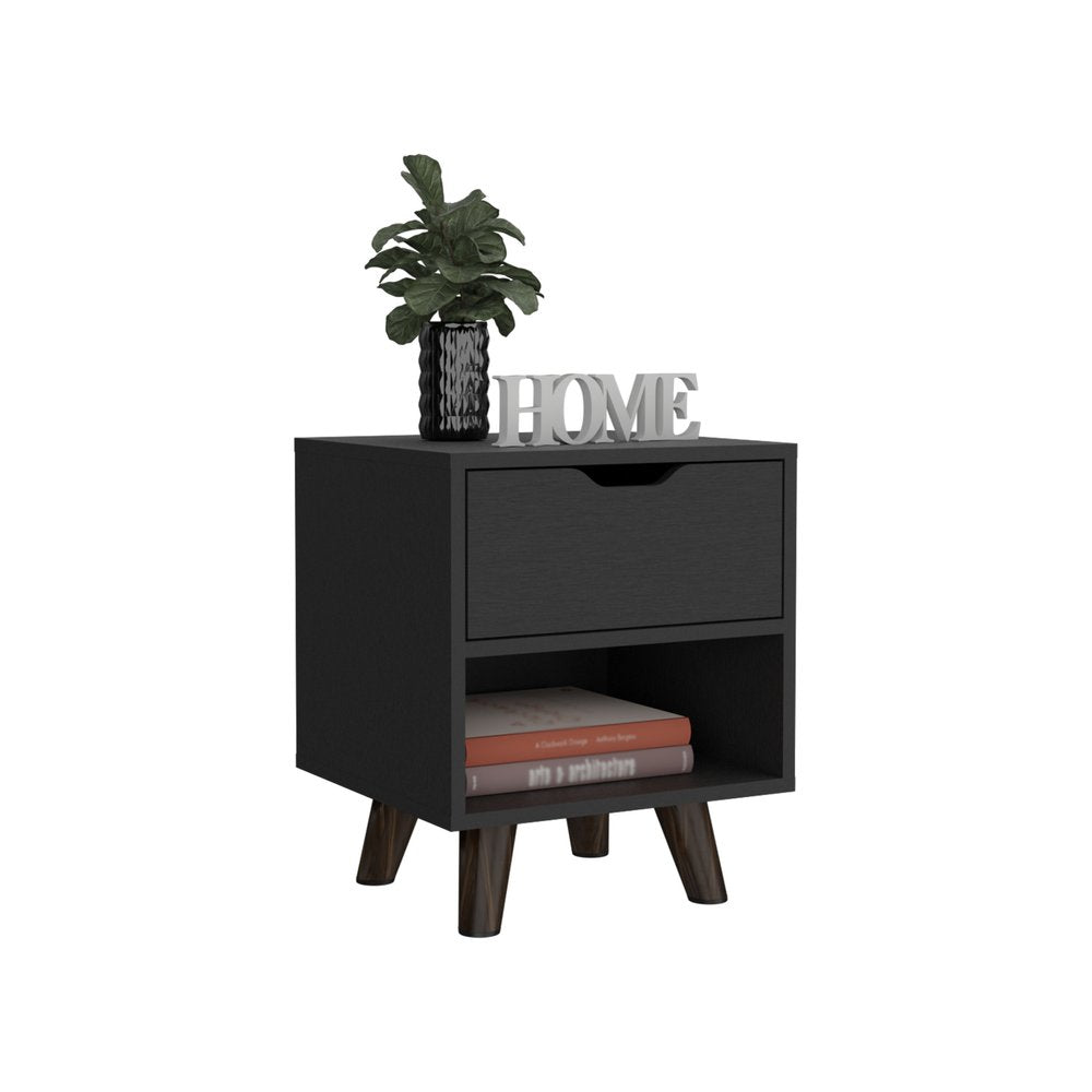 Black Wood One Drawer Nightstand - 19-inch