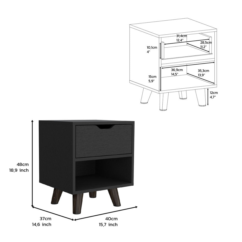 Black Wood One Drawer Nightstand - 19-inch