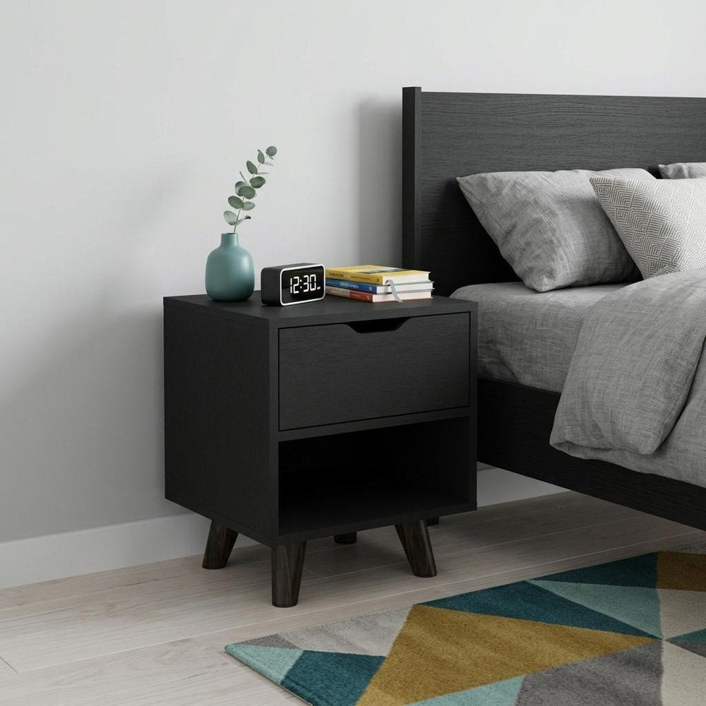 Black Wood One Drawer Nightstand - 19-inch