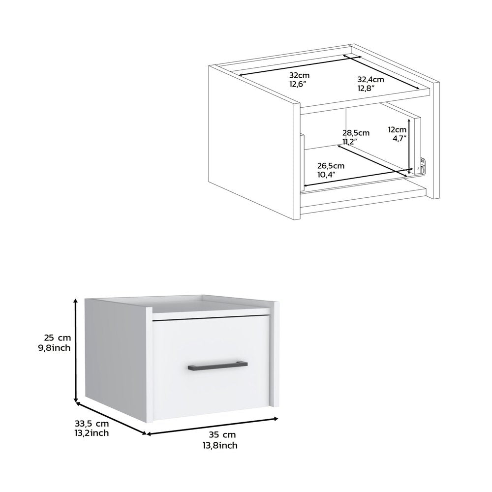 White Wood One Drawer Floating Nightstand - 10-inch