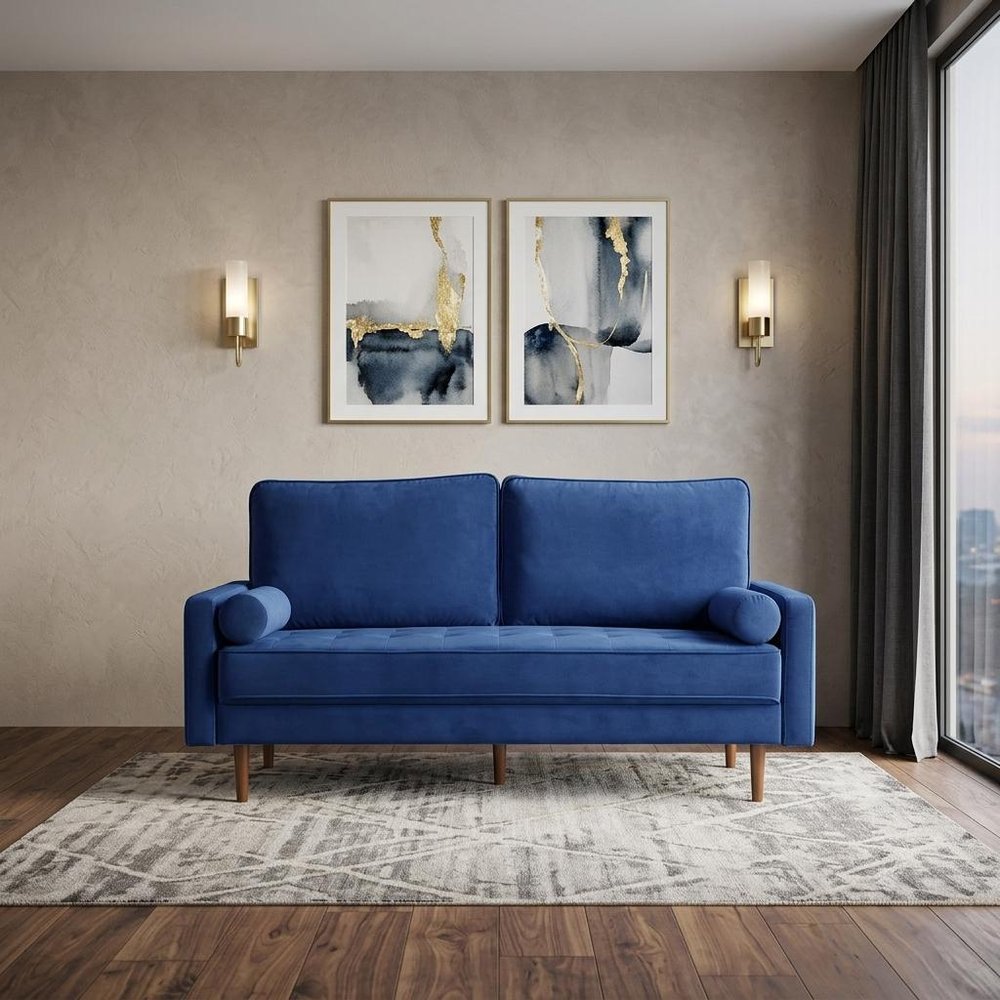 Blue Velvet Sofa and Toss Pillows with Dark Brown Legs - 69-inch