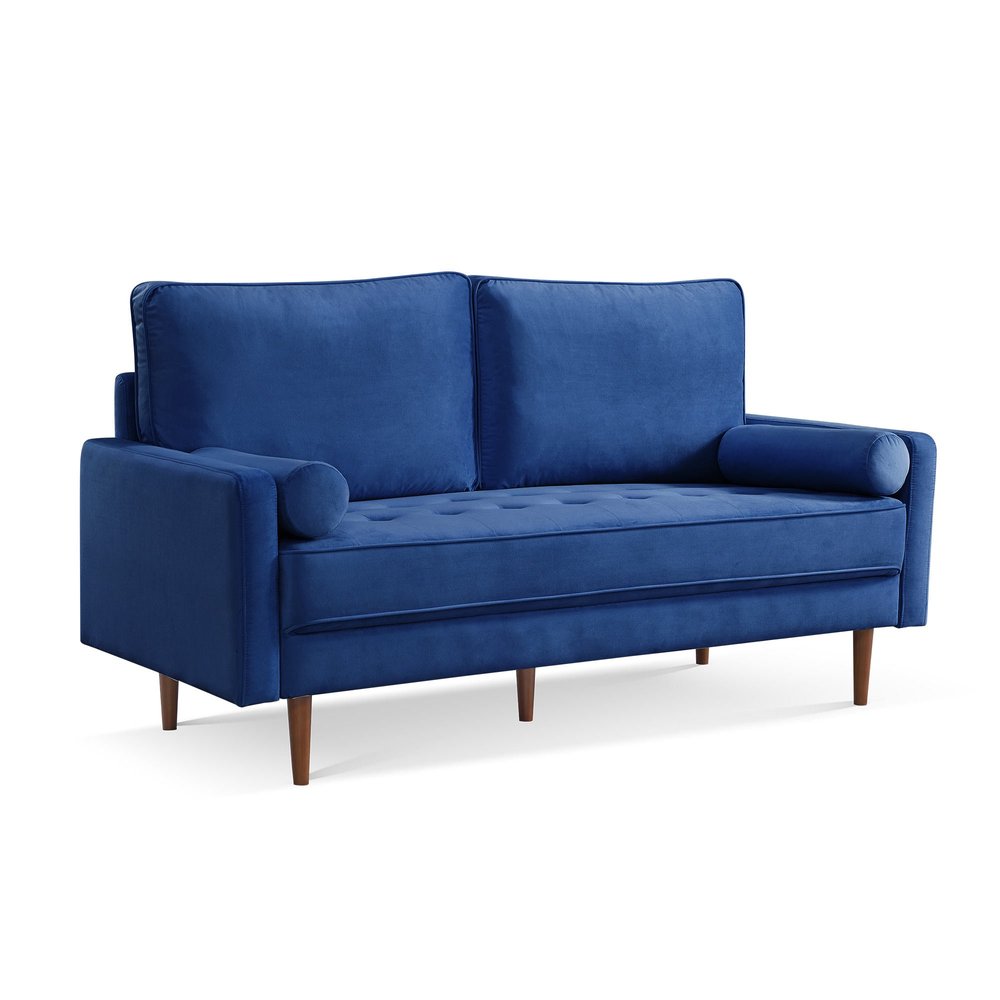 Blue Velvet Sofa and Toss Pillows with Dark Brown Legs - 69-inch