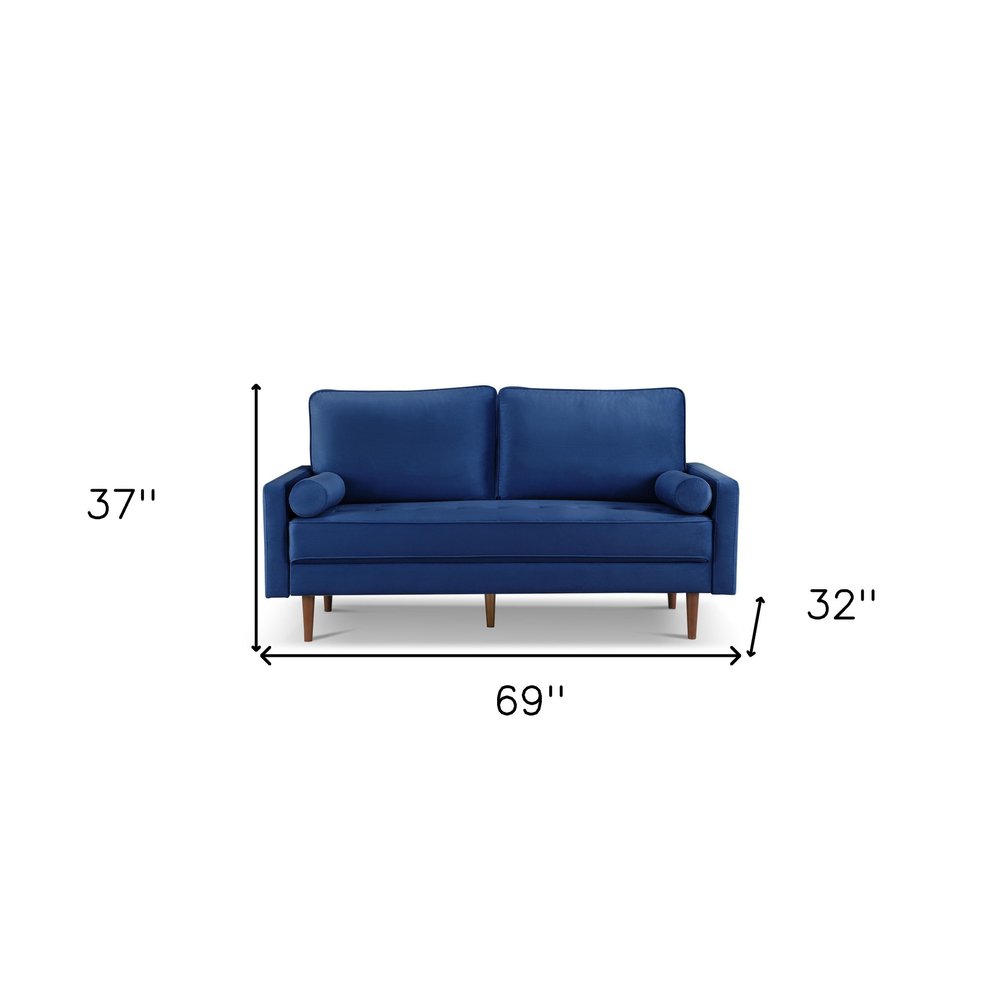 Blue Velvet Sofa and Toss Pillows with Dark Brown Legs - 69-inch