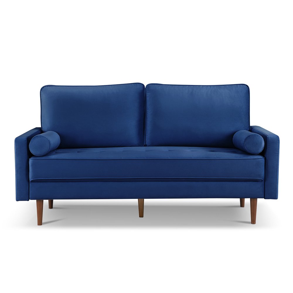 Blue Velvet Sofa and Toss Pillows with Dark Brown Legs - 69-inch