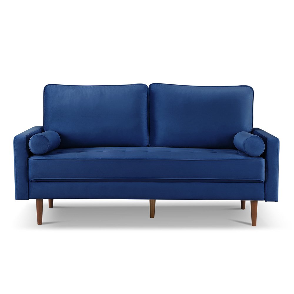 Blue Velvet Sofa and Toss Pillows with Dark Brown Legs - 69-inch