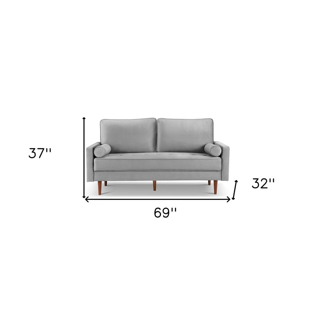 Gray Velvet Sofa and Toss Pillows with Dark Brown Legs - 69-inch