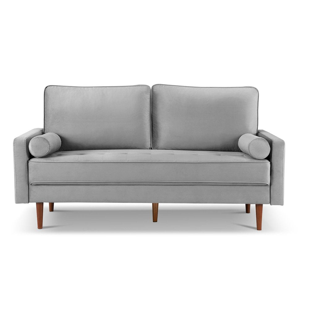 Gray Velvet Sofa and Toss Pillows with Dark Brown Legs - 69-inch
