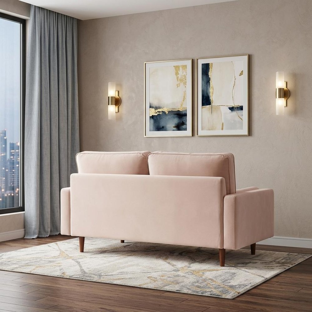 Beige Velvet Sofa and Toss Pillows with Dark Brown Legs - 69-inch