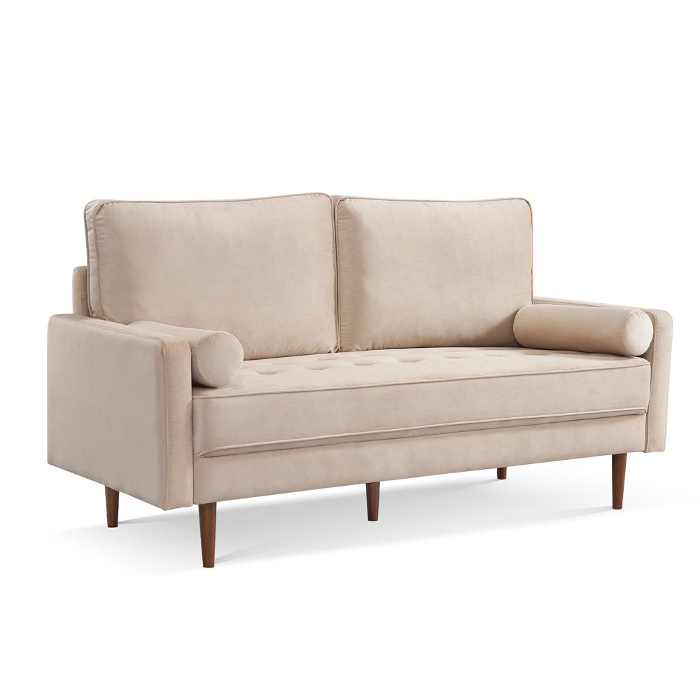 Beige Velvet Sofa and Toss Pillows with Dark Brown Legs - 69-inch