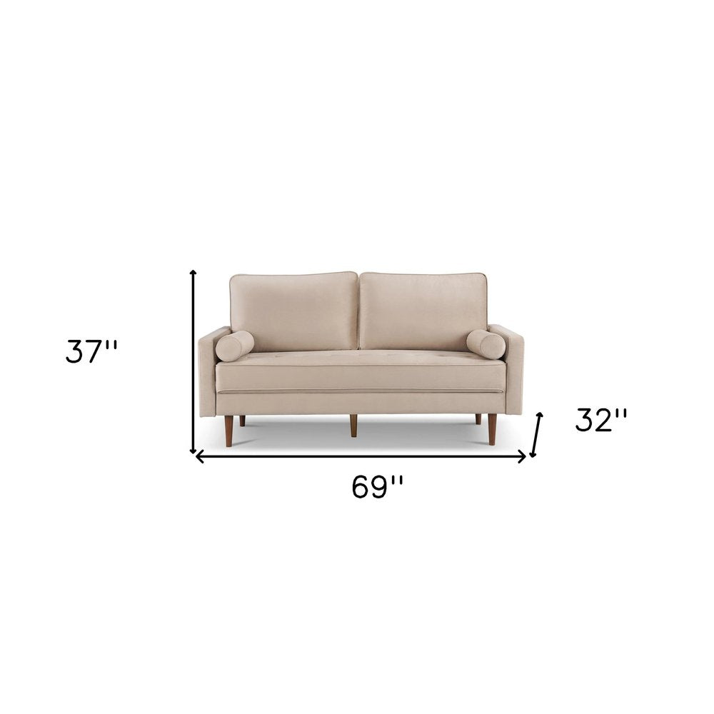 Beige Velvet Sofa and Toss Pillows with Dark Brown Legs - 69-inch