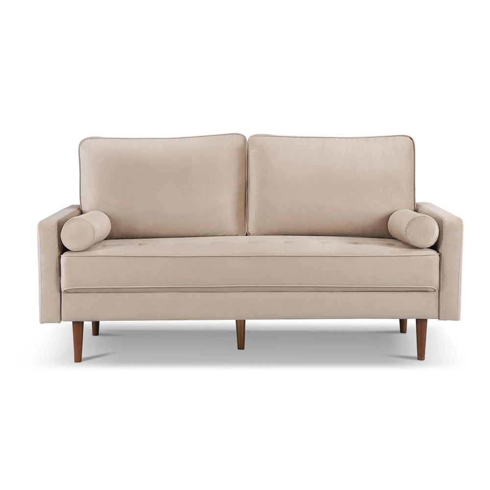 Beige Velvet Sofa and Toss Pillows with Dark Brown Legs - 69-inch