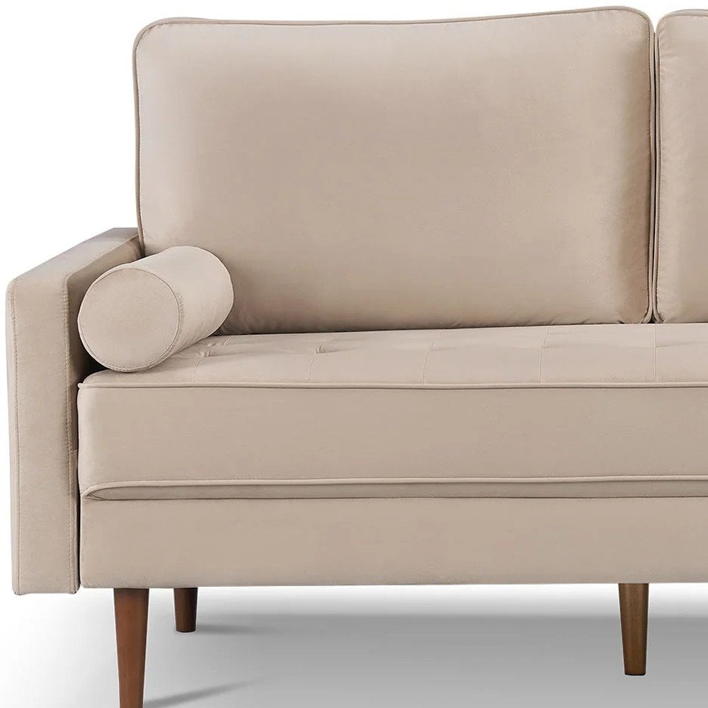 Beige Velvet Sofa and Toss Pillows with Dark Brown Legs - 69-inch