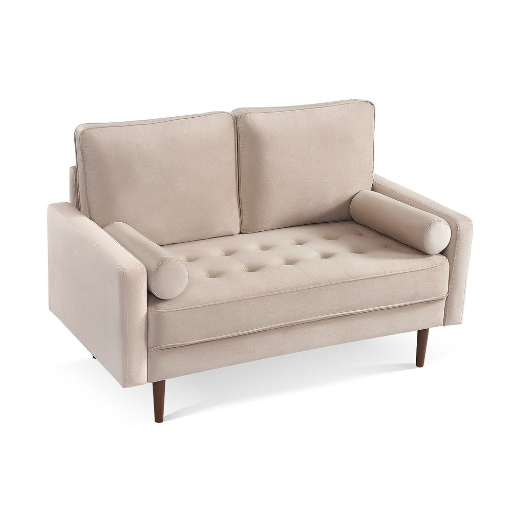 Beige and Dark Brown Velvet Loveseat and Toss Pillows - 57-inch