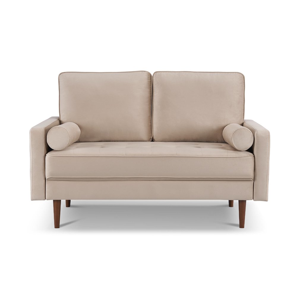 Beige and Dark Brown Velvet Loveseat and Toss Pillows - 57-inch