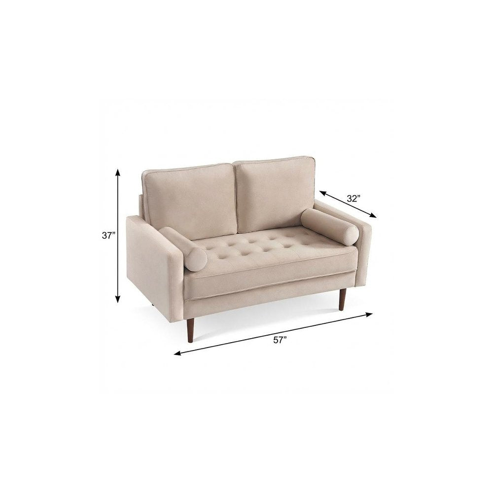 Beige and Dark Brown Velvet Loveseat and Toss Pillows - 57-inch