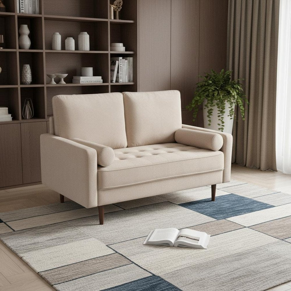 Beige and Dark Brown Velvet Loveseat and Toss Pillows - 57-inch