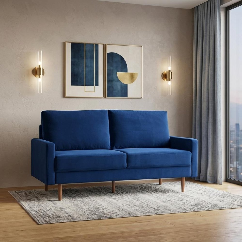 Blue Velvet Sofa with Dark Brown Legs - 69-inch
