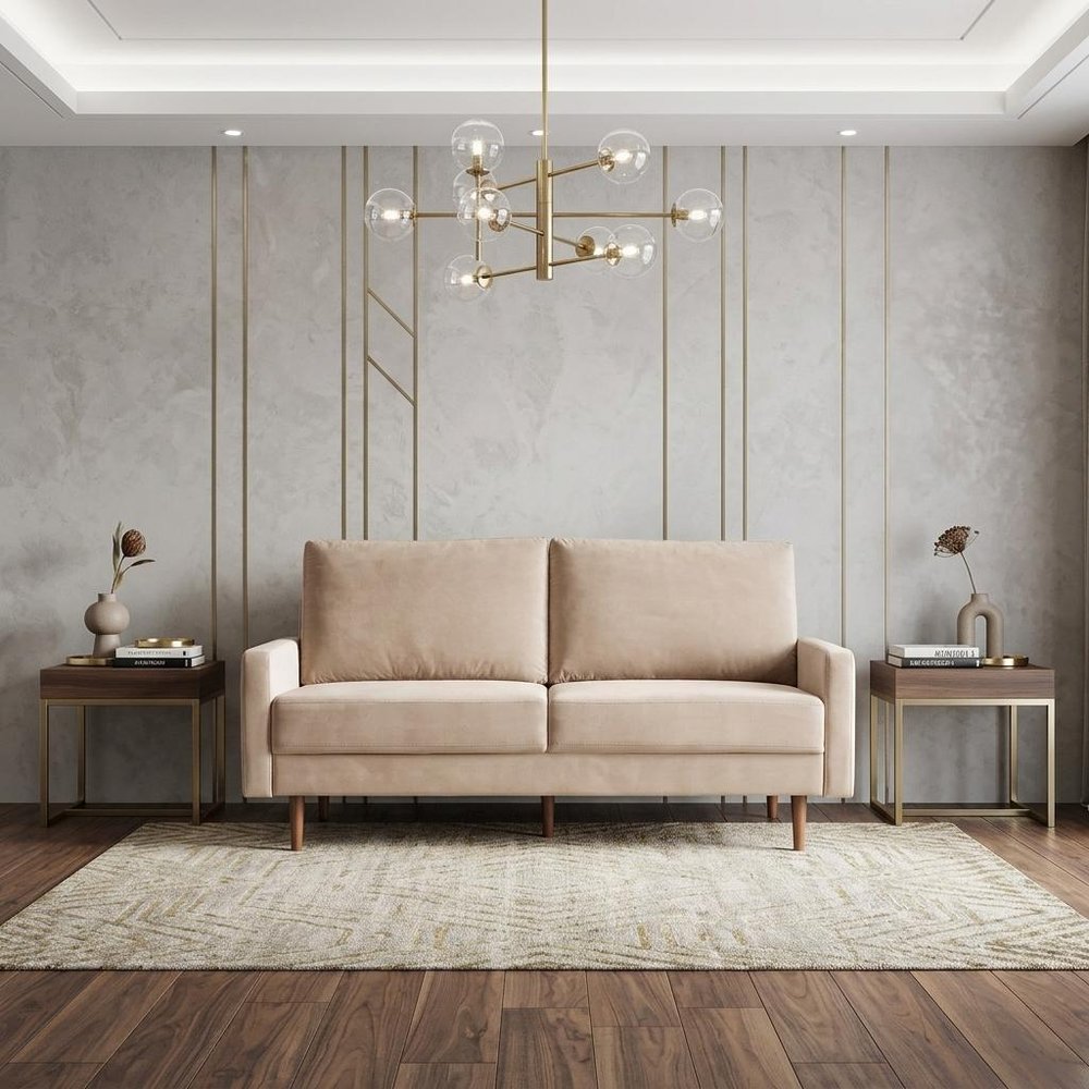 Beige Velvet Sofa with Dark Brown Legs - 69-inch