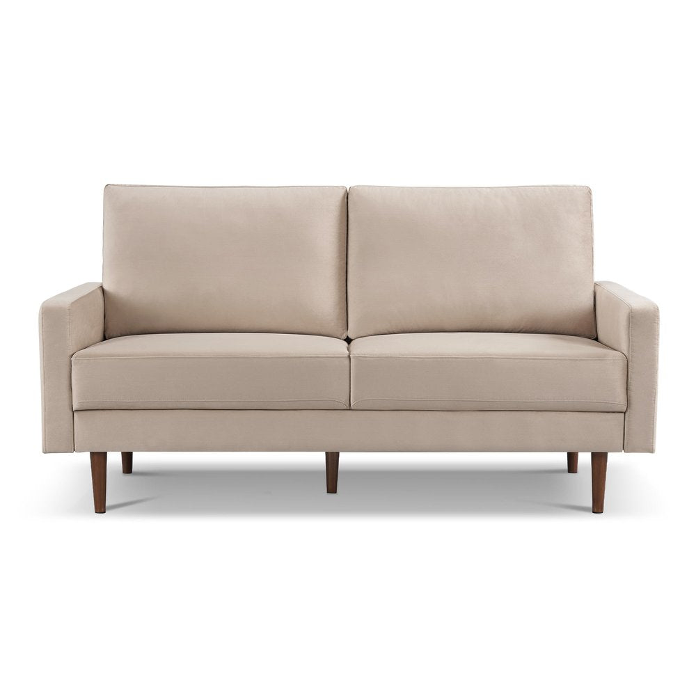 Beige Velvet Sofa with Dark Brown Legs - 69-inch