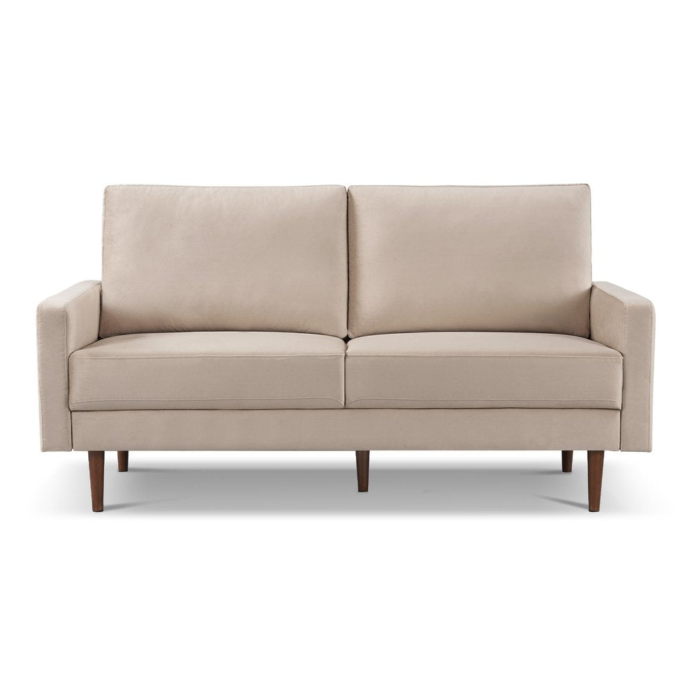 Beige Velvet Sofa with Dark Brown Legs - 69-inch