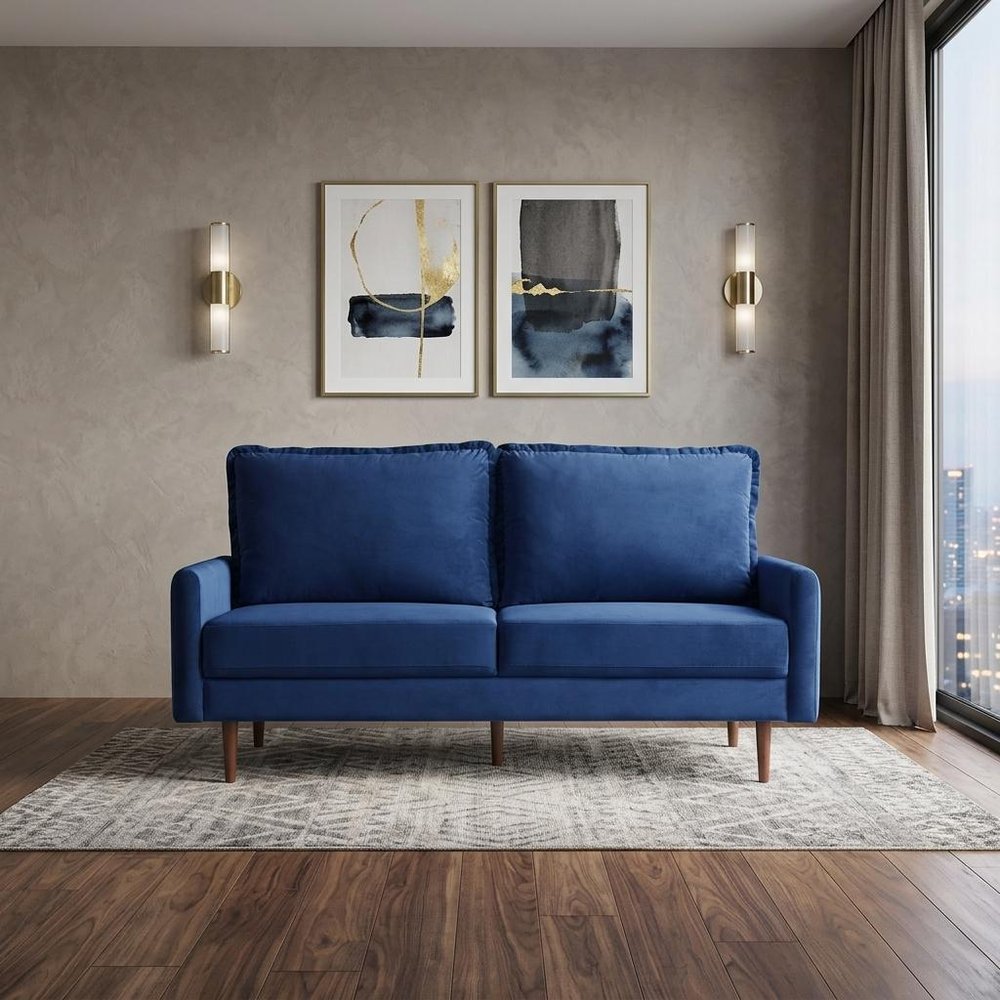 Blue Velvet Sofa with Dark Brown Legs - 69-inch
