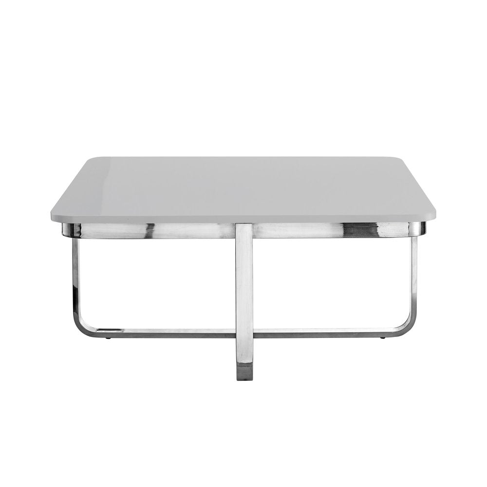 Light Gray and Silver Metallic Wood and Stainless Steel Square Coffee Table