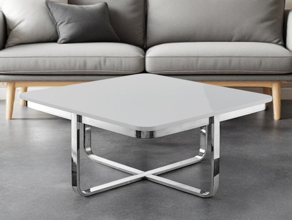 Light Gray and Silver Metallic Wood and Stainless Steel Square Coffee Table