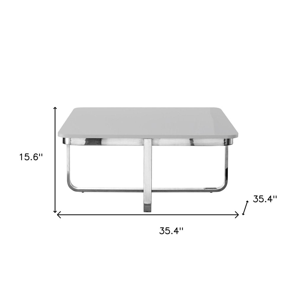 Light Gray and Silver Metallic Wood and Stainless Steel Square Coffee Table