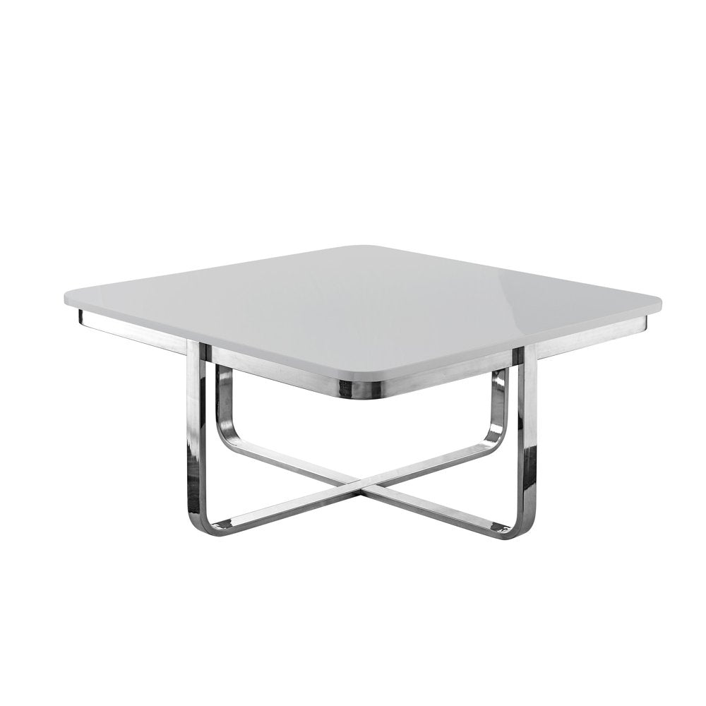 Light Gray and Silver Metallic Wood and Stainless Steel Square Coffee Table