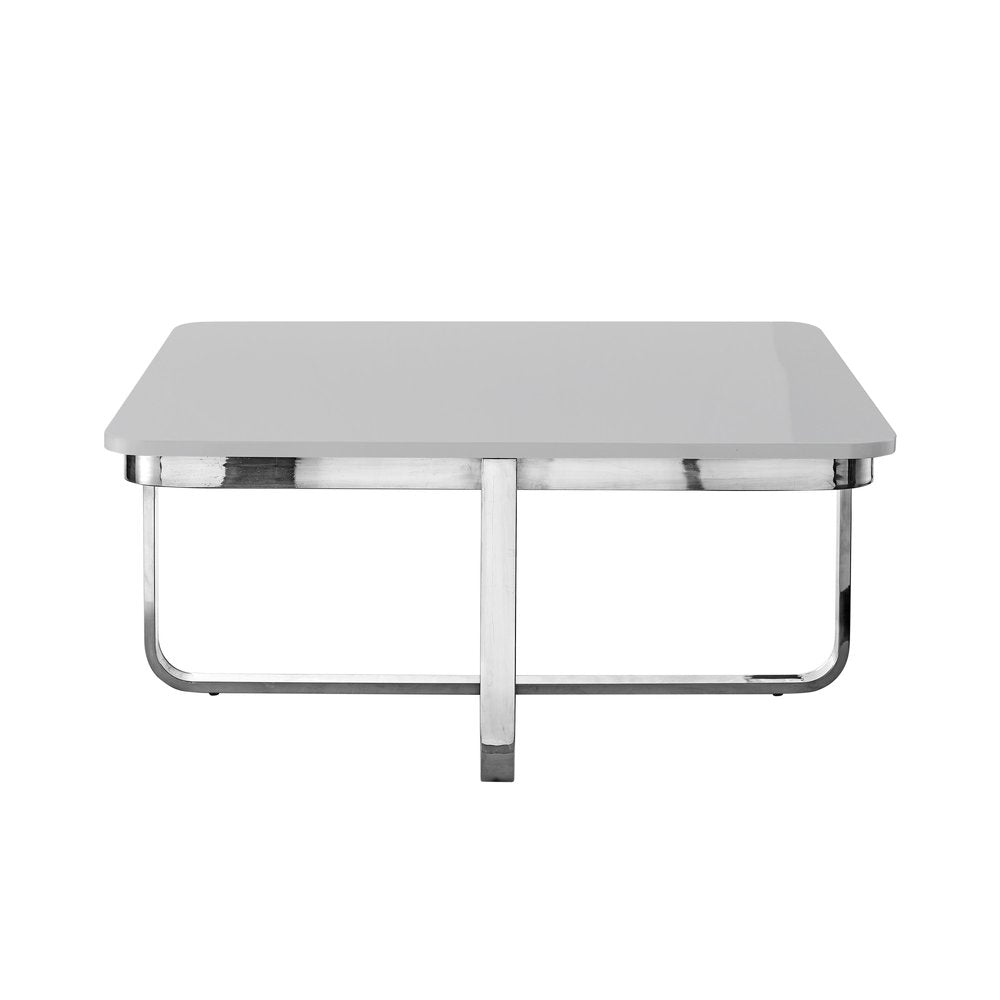 Light Gray and Silver Metallic Wood and Stainless Steel Square Coffee Table