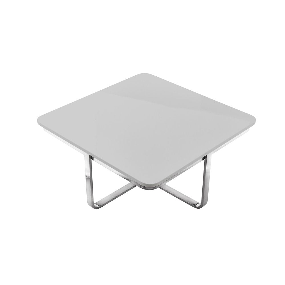 Light Gray and Silver Metallic Wood and Stainless Steel Square Coffee Table