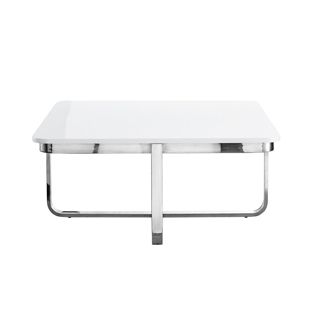 Light Gray and Silver Metallic Wood and Stainless Steel Square Coffee Table