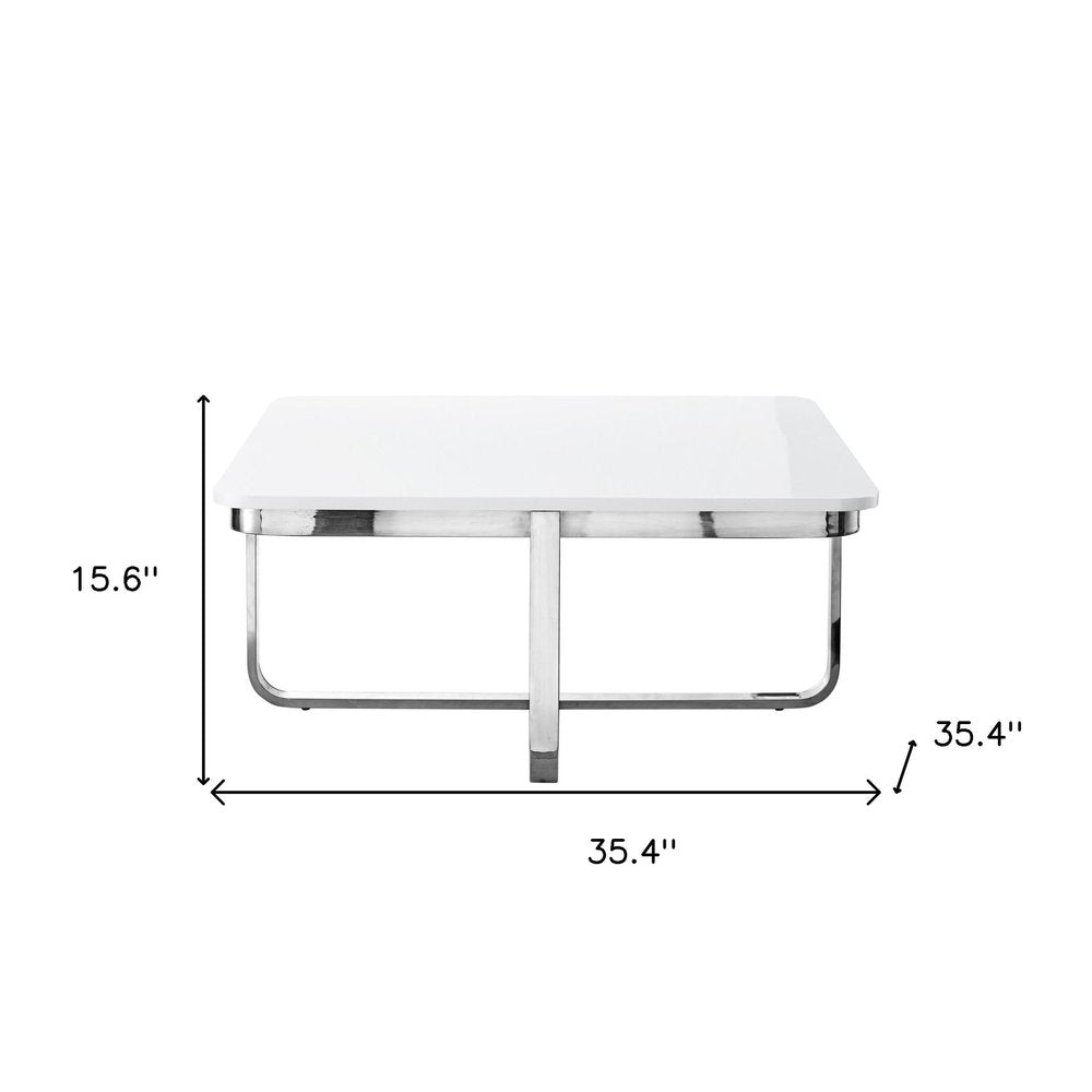 Light Gray and Silver Metallic Wood and Stainless Steel Square Coffee Table