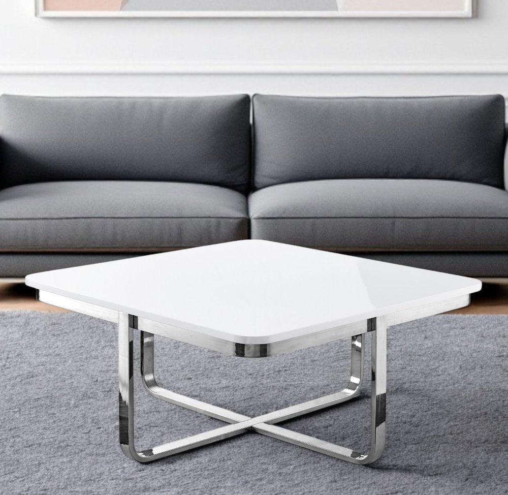 Light Gray and Silver Metallic Wood and Stainless Steel Square Coffee Table