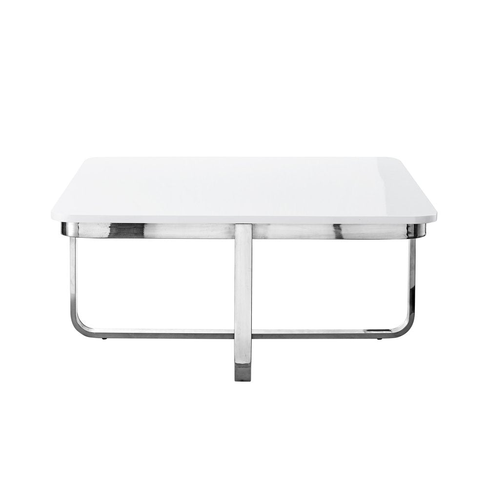 Light Gray and Silver Metallic Wood and Stainless Steel Square Coffee Table