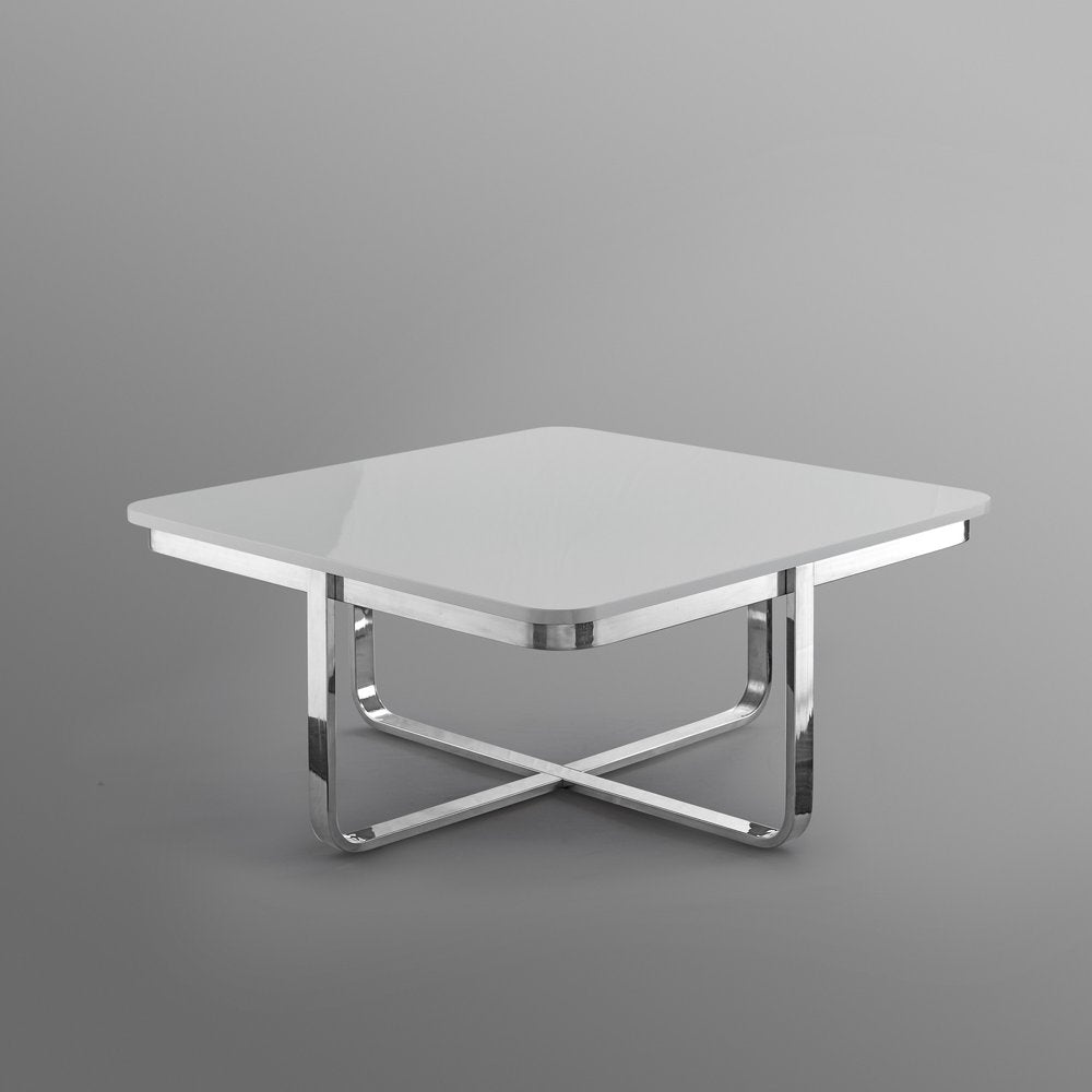 Light Gray and Silver Metallic Wood and Stainless Steel Square Coffee Table